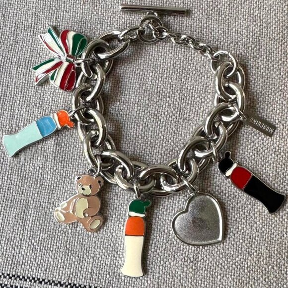 Moschino Italy Authentic Designer Silver Colorful Chunky Toggle Charm Bracelet - Picture 1 of 5
